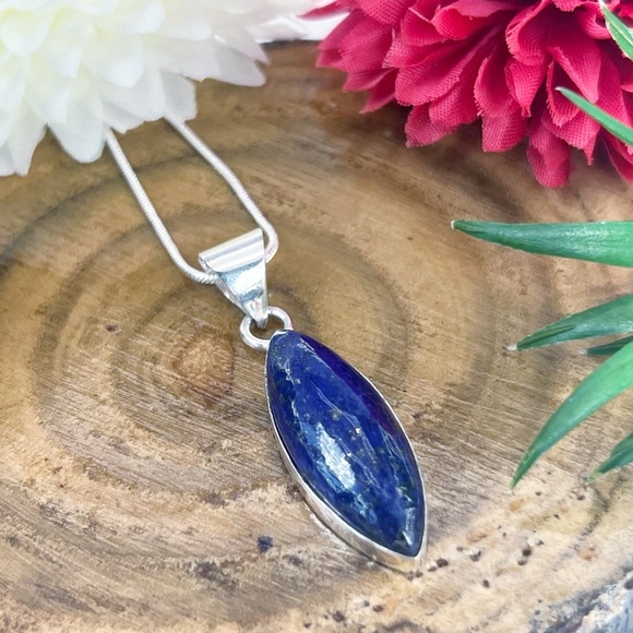 Handmade Jewelry - Solid Sterling Silver 925 Blue Lapis Lazuli Pendant Marquise Handmade New